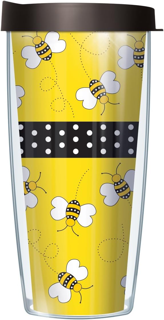 Signature Tumblers Playful Polka Dot Bees WraponYellow – Vaso de viaje de doble pared de 16 onzas con tapa negra fácil de beber