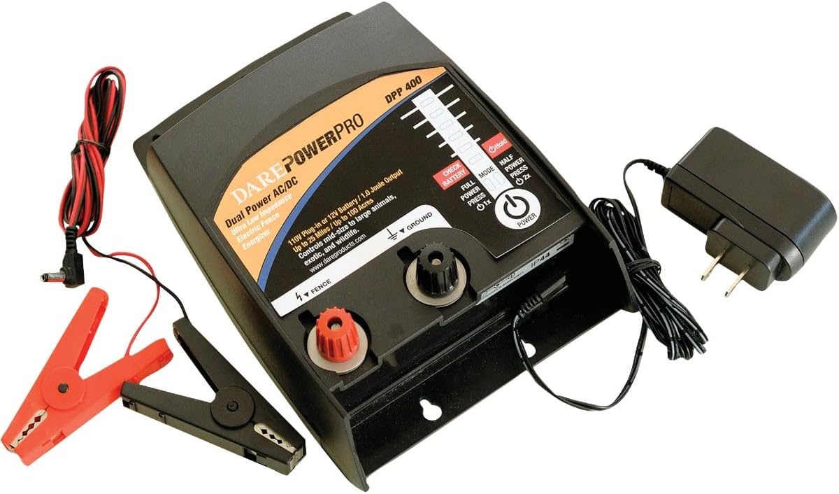 Dare Productos DPP400 Energizador de valla de ultra baja impedancia serie Power Pro, enchufe de 110 V o batería de 12 V de doble potencia, controla