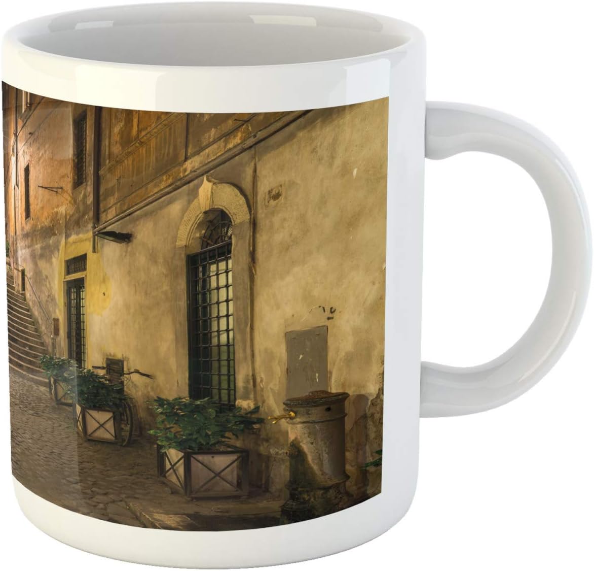 Ambesonne Taza italiana, Old Courtyard Rome Italy Cafe Chairs City Historic Houses in Street, taza de café de cerámica para bebidas de té de agua,