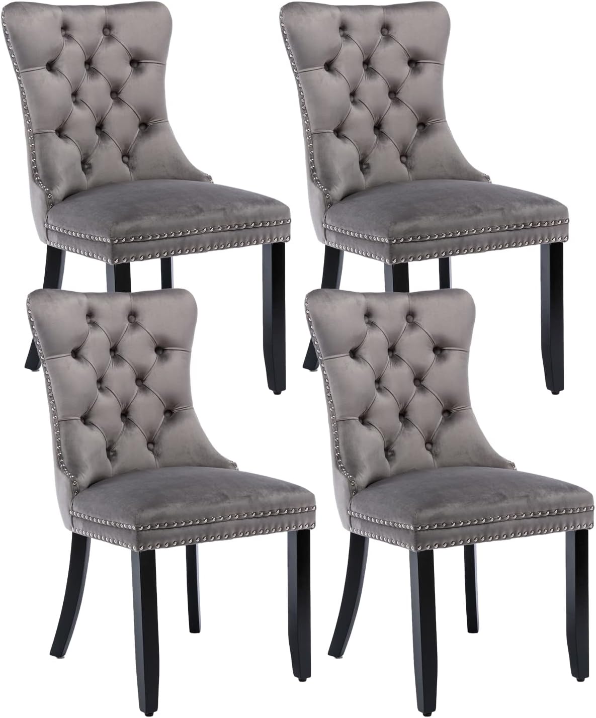 Juego de 4 sillas de comedor de terciopelo gris, sillas de comedor tapizadas con anillo trasero y patas de madera maciza, sillas de cocina con
