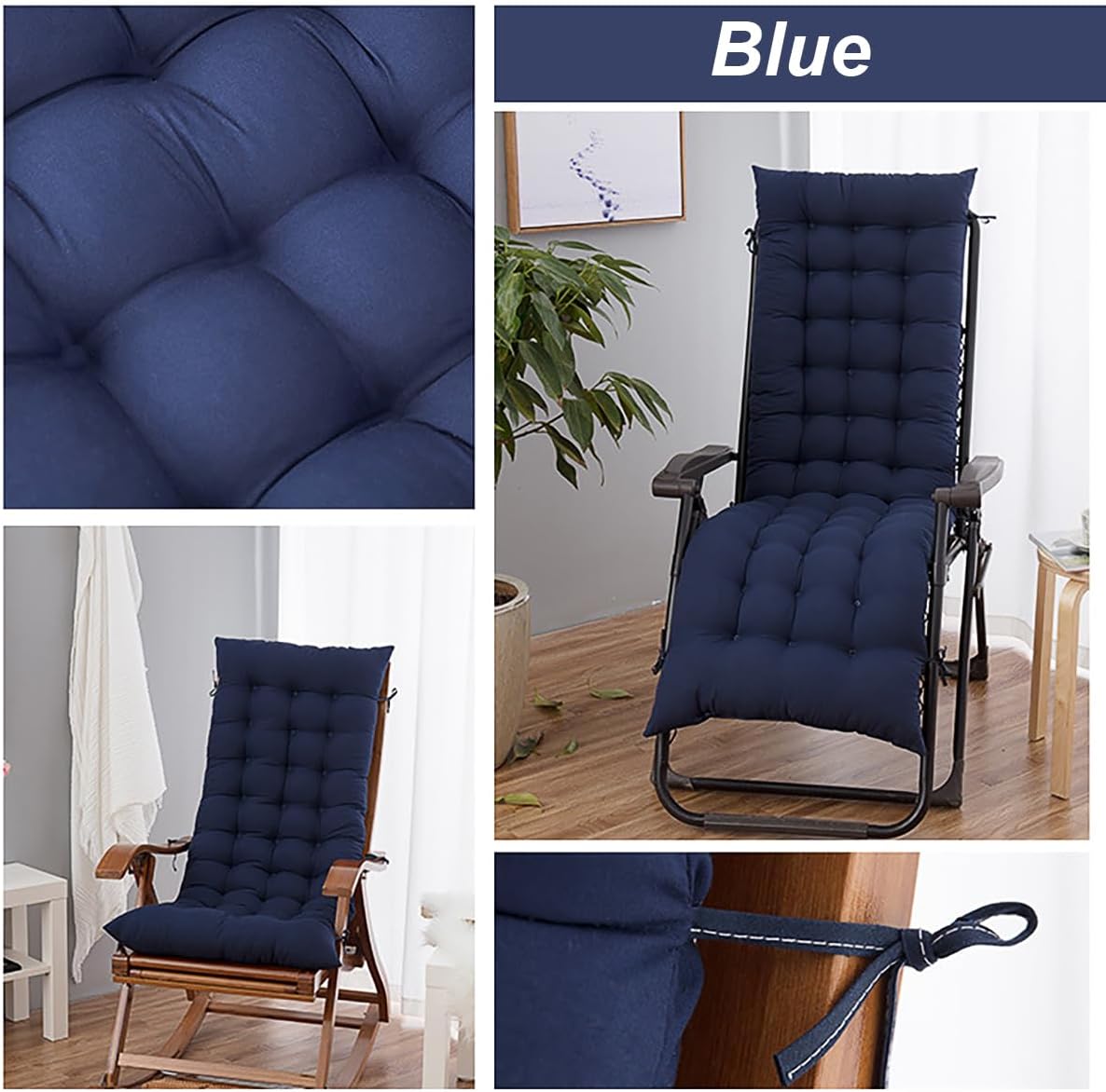 THABATAD Cojín para silla de patio, cojín de 61 pulgadas, cojín para silla de Ricking con lazos, cojín para silla de gravedad cero, cojín de banco