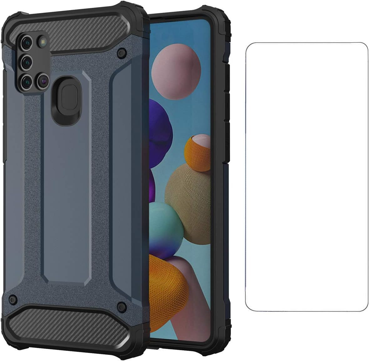 Asuwish Funda compatible con Samsung Galaxy A21S y protector de pantalla de vidrio templado, accesorios de celda, fundas resistentes de doble capa