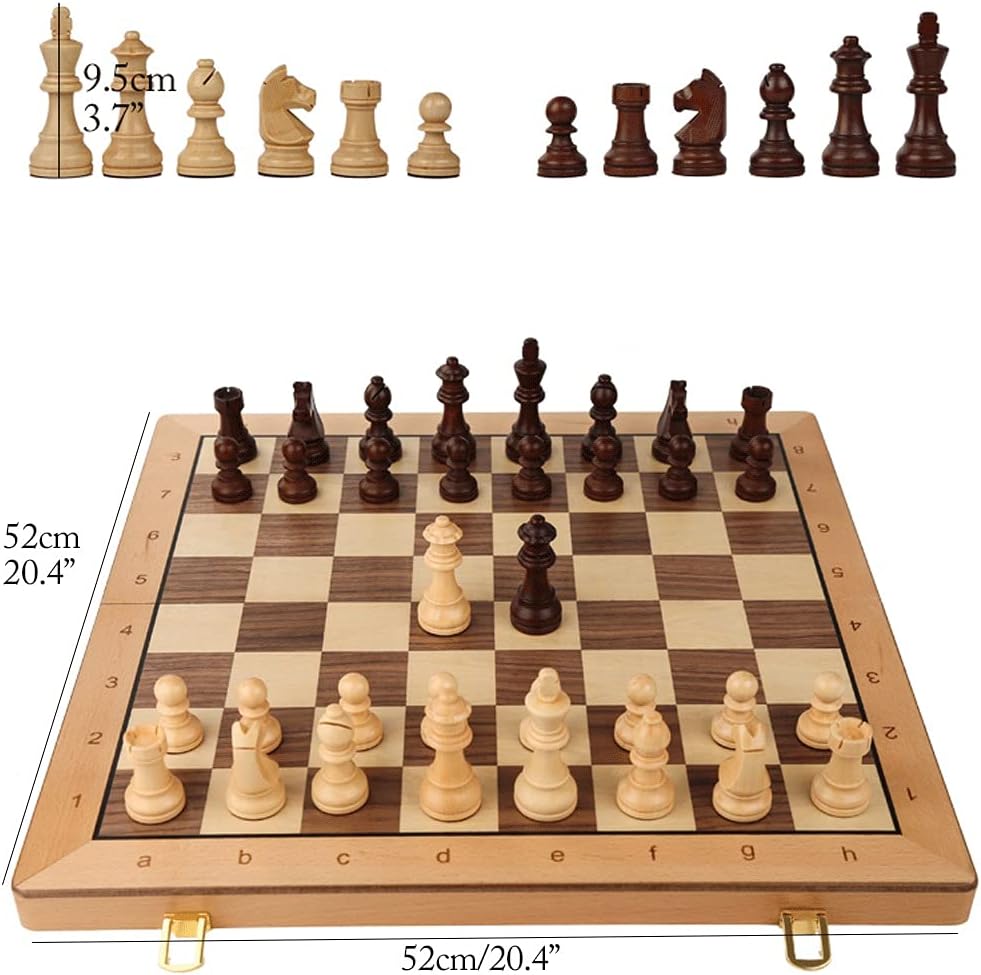 ROLTIN Juego de ajedrez de madera plegable 2 en 1, juego de ajedrez y damas, gran juego de mesa de ajedrez de 20 x 20 pulgadas con caja de