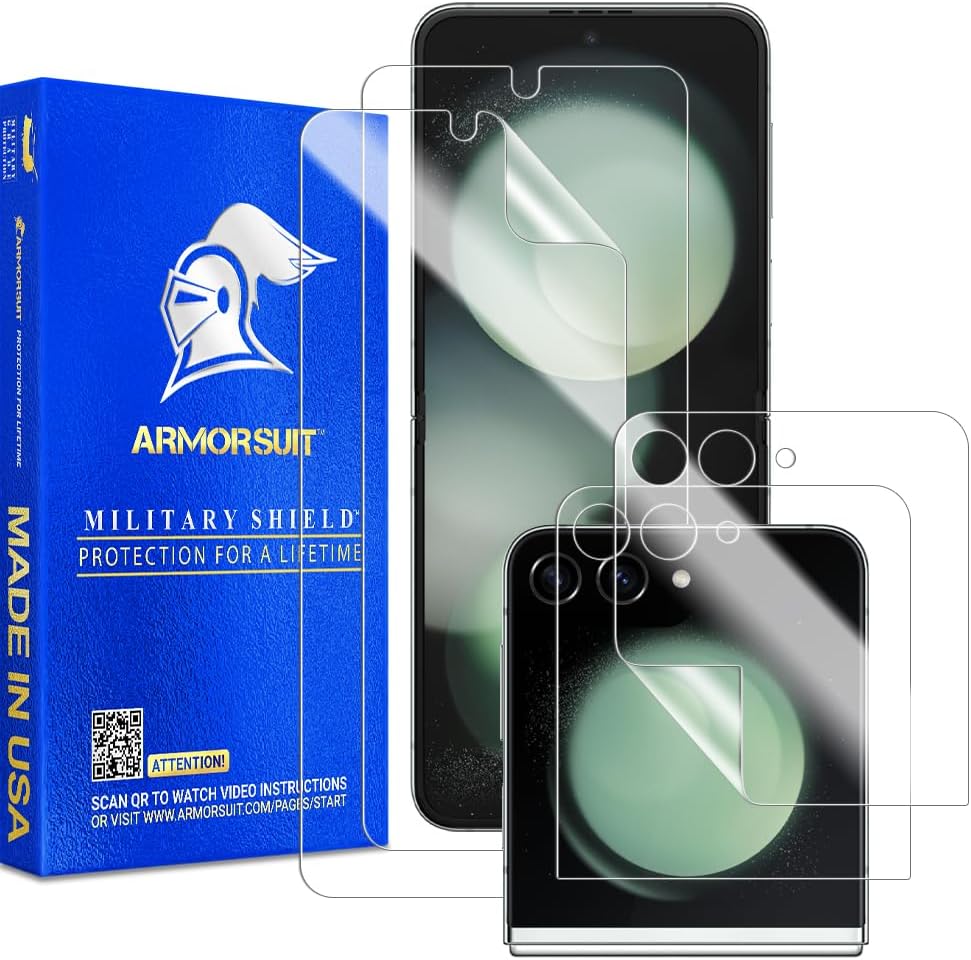 ArmorSuit Paquete de 2+2 protectores de pantalla diseñados para Samsung Galaxy Z Flip 5 (versión 2023), compatible con fundas, película transparente