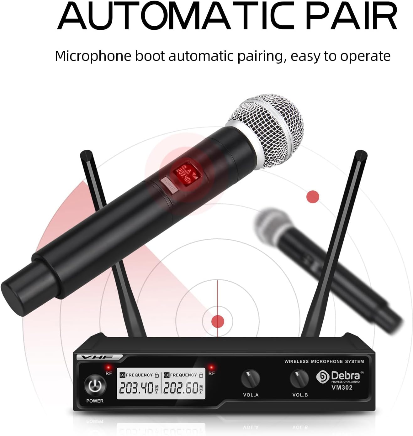 D Debra Audio VM302 Sistema de micrófono inalámbrico con micrófono de mano dual tiene interfaz XLR para el hogar, karaoke, boda, conferencia,