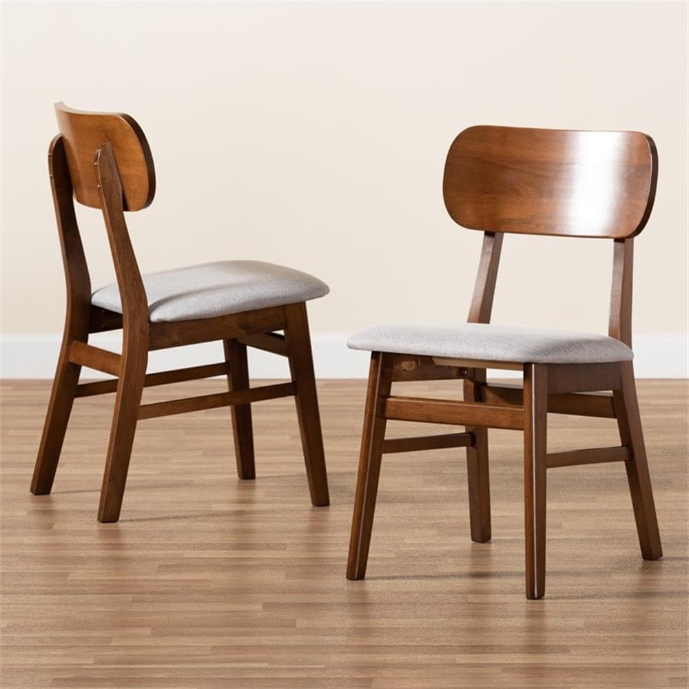 Baxton Studio Euclid Mid-Century – Juego de sillas de comedor de 2 piezas con tapizado de tela gris y acabado marrón nogal