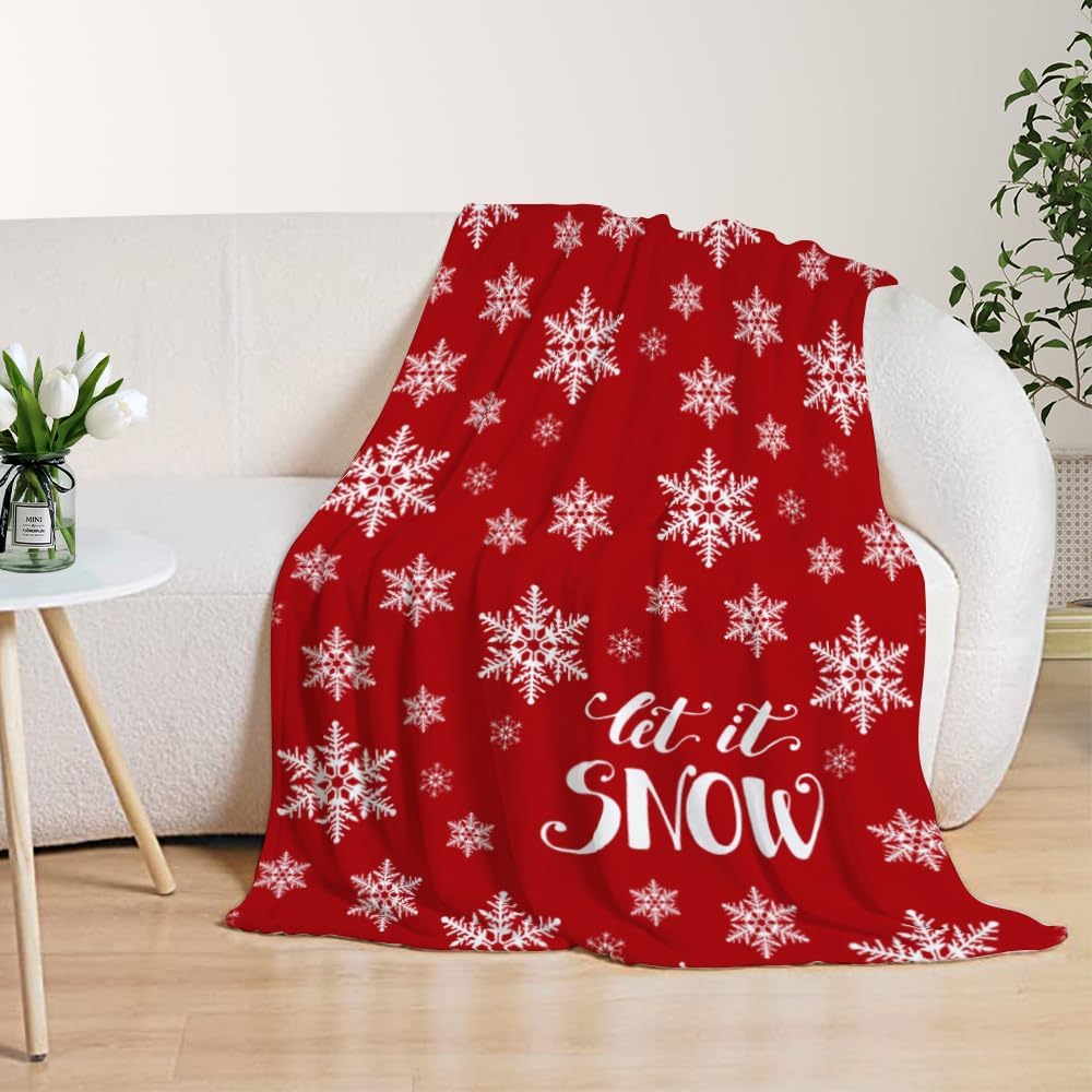 YeeJu Manta decorativa de Navidad, manta de copo de nieve rojo y blanco para sofá, cama, suave, acogedora, ligera, mullida, manta de forro polar de