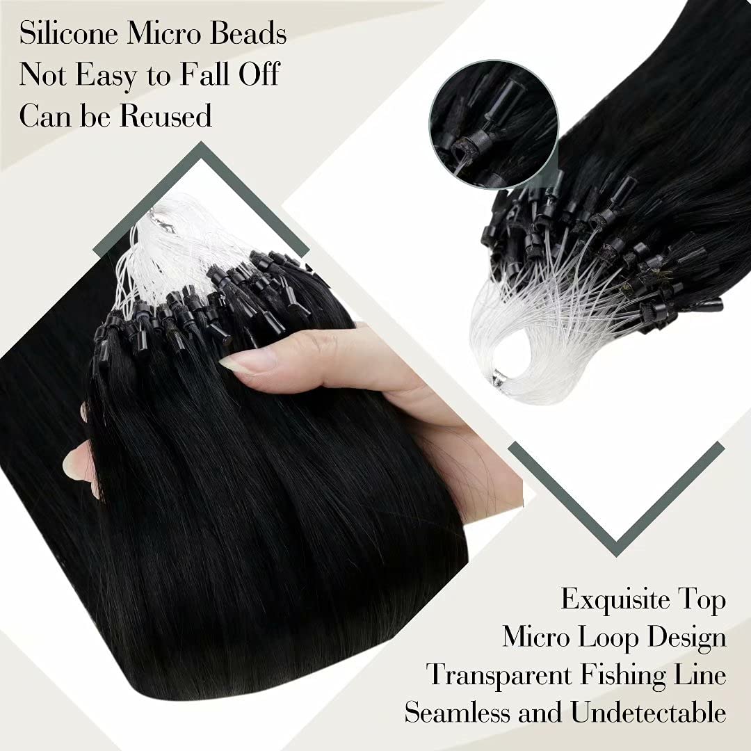 LaaVoo Micro Link Extensiones de cabello humano negro azabache, extensiones de cabello de micro cuentas de fusión fría, 24 pulgadas, extensiones de