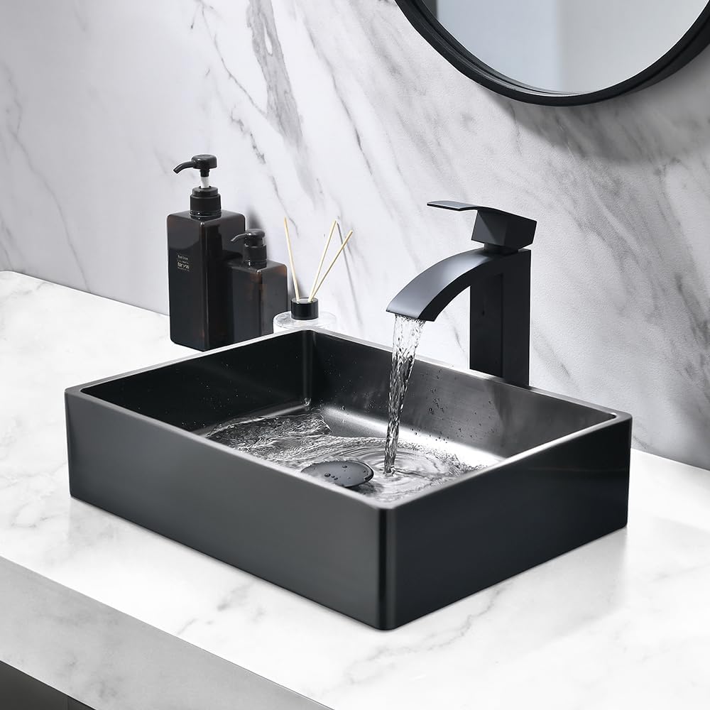 Fregadero de baño negro de 16 x 12 pulgadas, fregadero rectangular sobre mostrador para baño, fregadero de acero inoxidable negro calibre 16 con