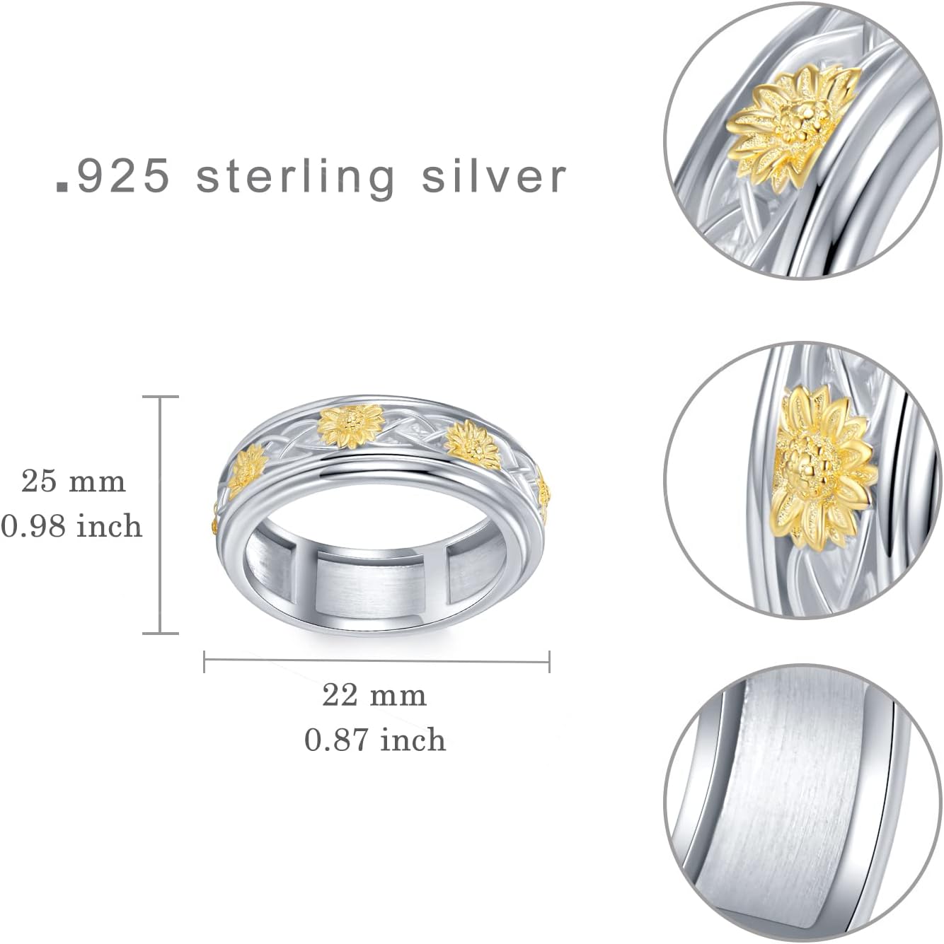 Anillo giratorio de plata de ley 925 con girasol, anillos giratorios para aliviar el estrés, joyería de regalo para mujeres y niñas