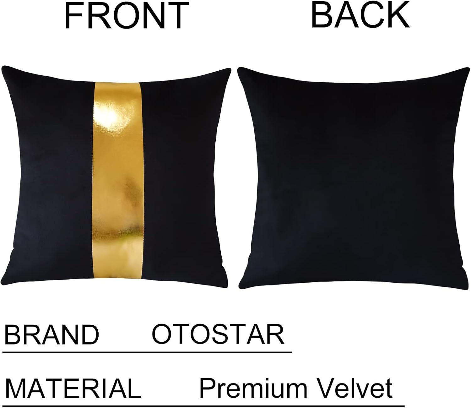 Artscope Juego de 2 fundas de almohada de terciopelo negro con costuras de cuero dorado, fundas de almohada cuadradas modernas y minimalistas para