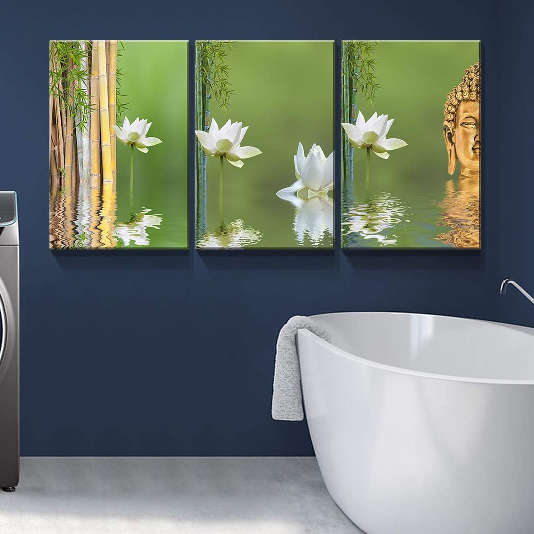 Denozer – Lienzo decorativo para pared de 3 piezas – Naturaleza muerta con bambú de loto blanco y estatua de Buda – Arte moderno para el hogar