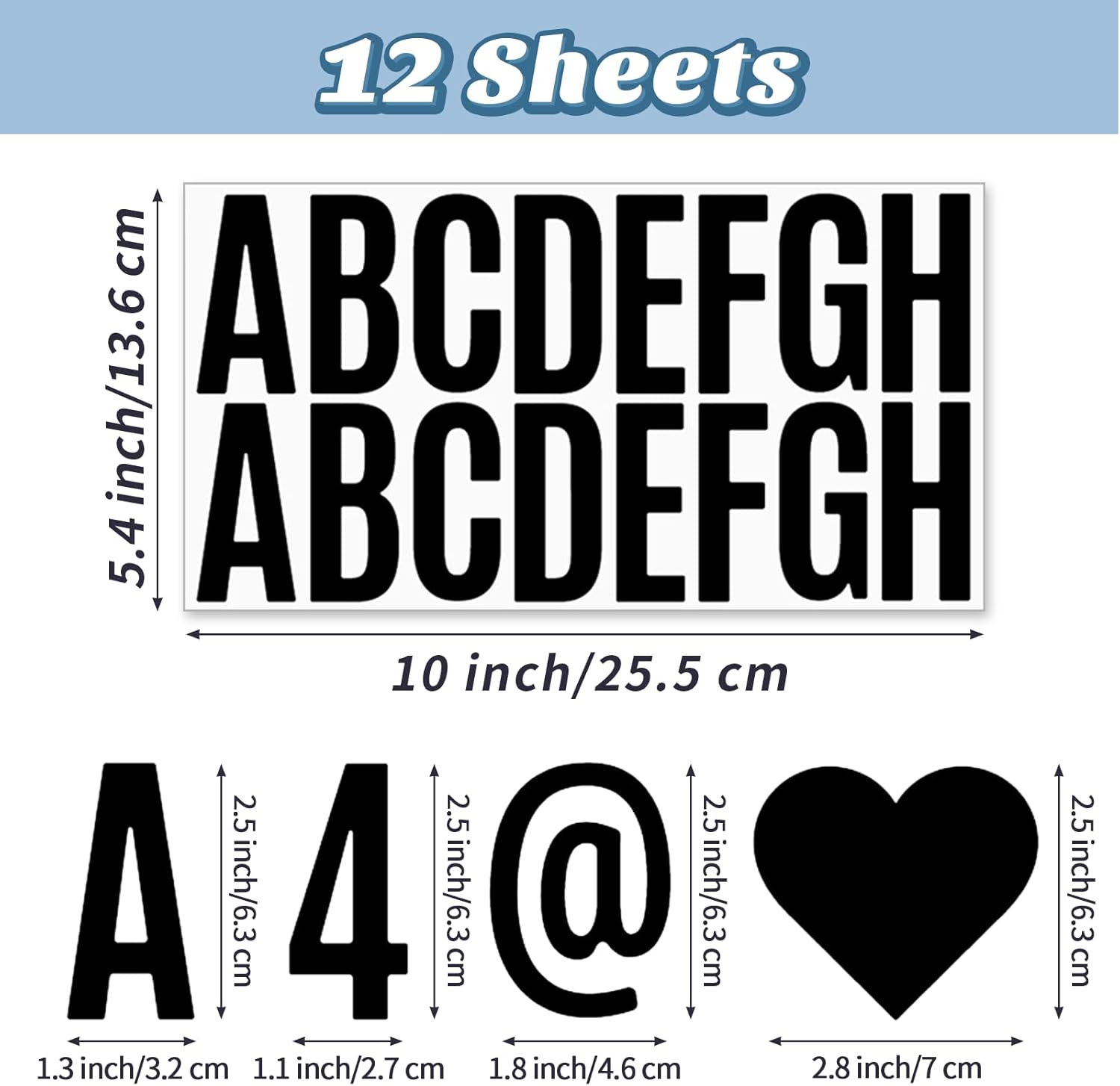 12 hojas de calcomanías de letras, kit de números de letras de vinilo autoadhesivas de 2.5 pulgadas, calcomanías negras para buzón de correo, aula,