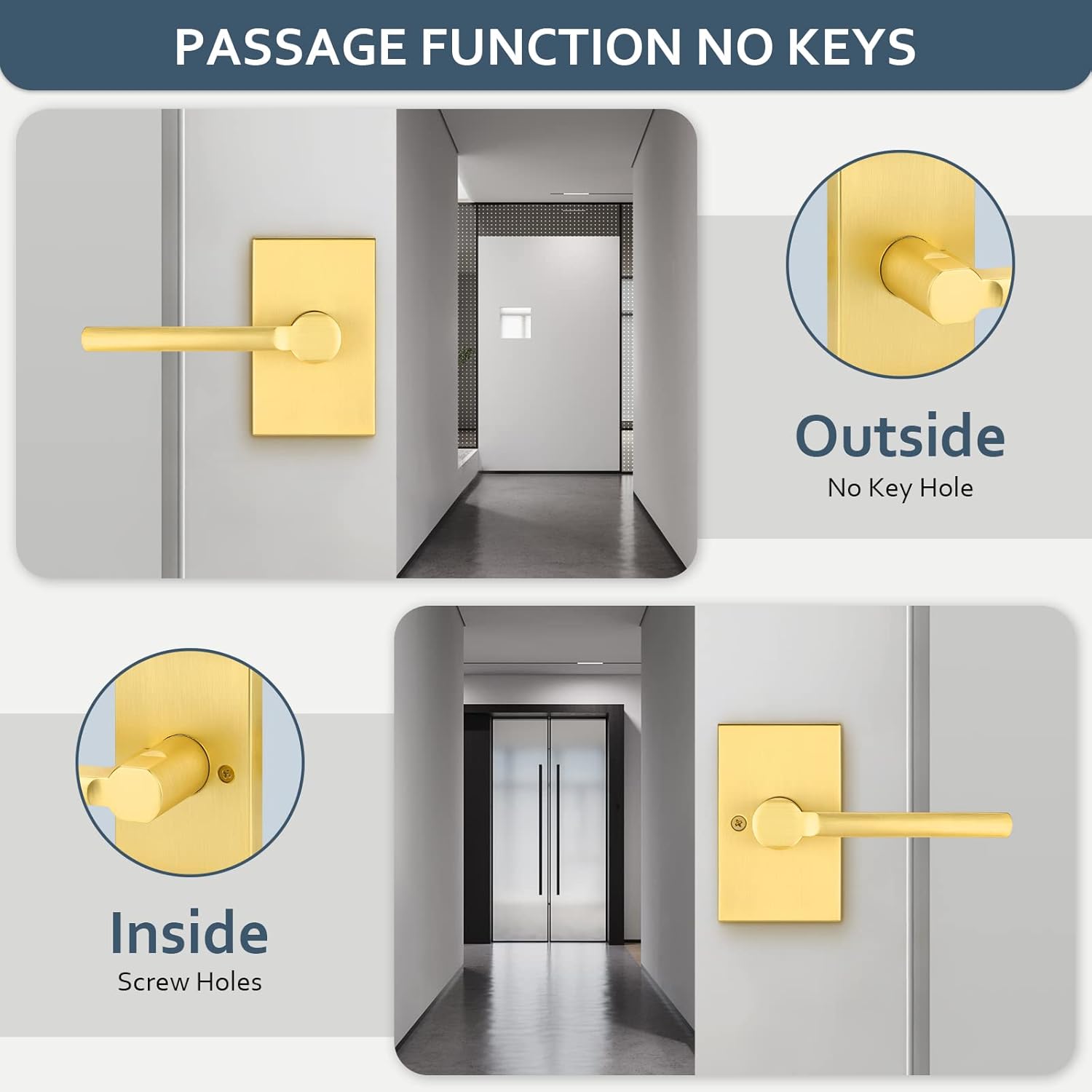 EHOMEWARE Paquete de 3 pomos de puerta de paso, manijas de puerta de latón satinado sin llave, manijas de puerta interior en acabado dorado, manijas