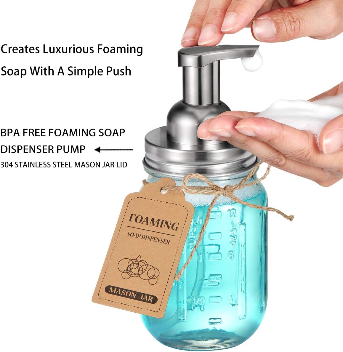 Juego de accesorios de baño Mason Jar (4 piezas)  Tarros no incluidos  Dispensador de jabón espumoso, soporte para cepillos de dientes y tapas de