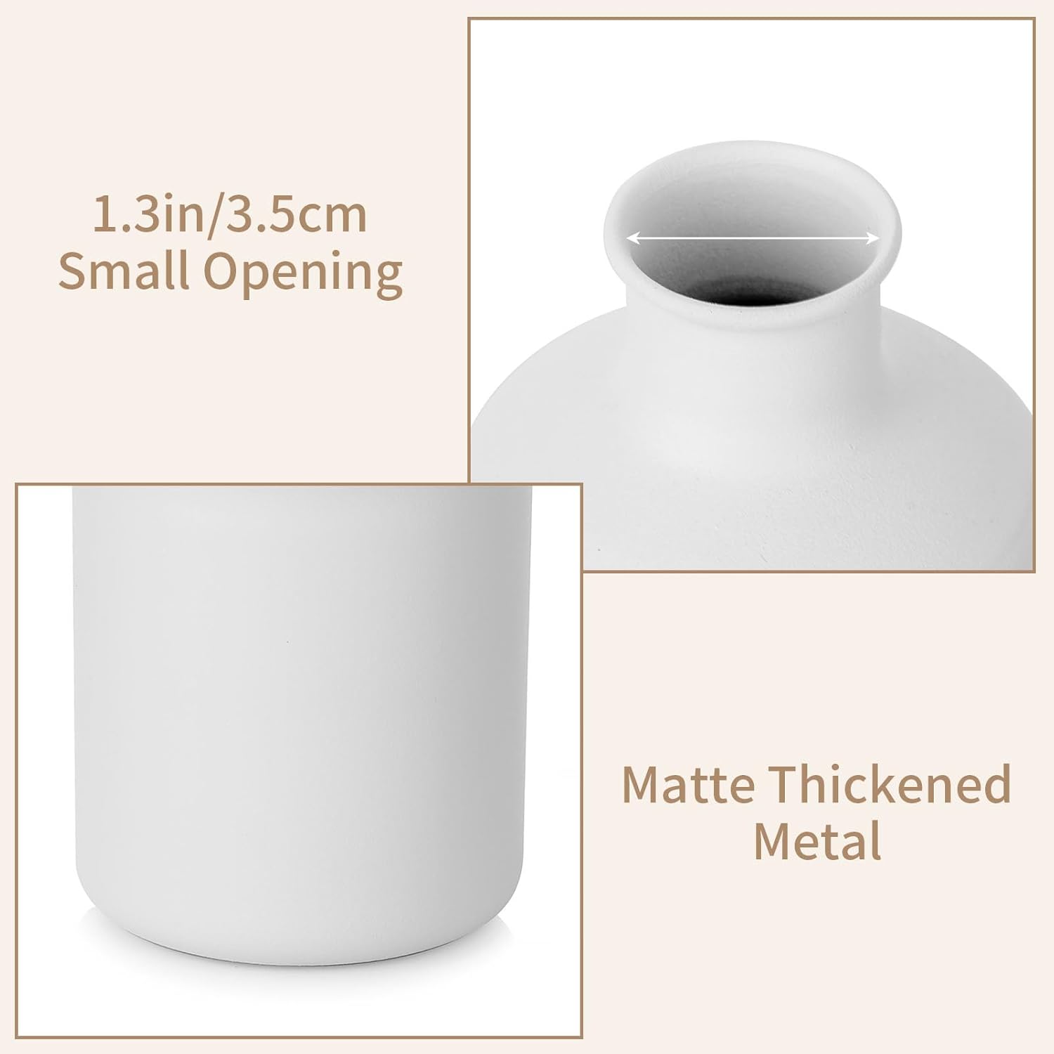 Sziqiqi Wiker – Juego de 3 jarrones blancos pequeños, jarrón de metal para flores secas, moderno jarrón mate para decoración del hogar, centros de