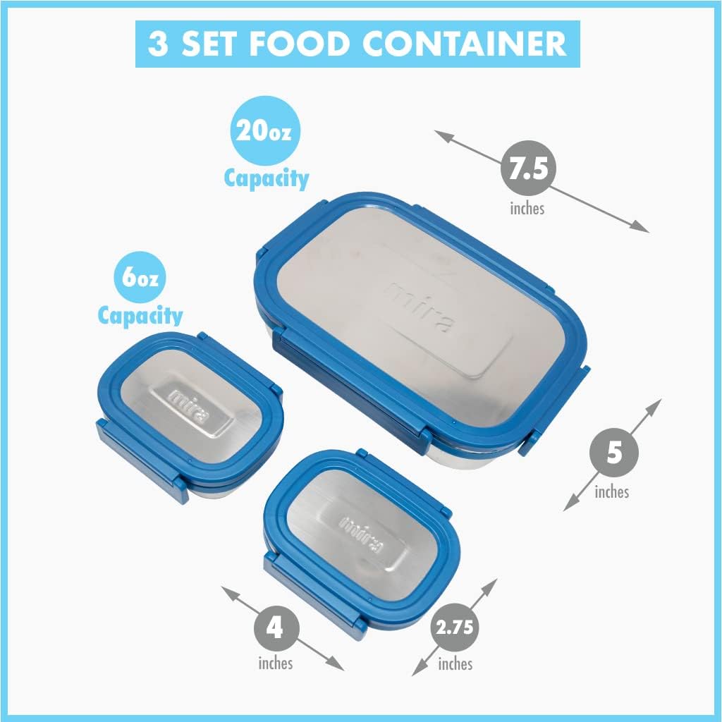 MIRA Juego de 3 recipientes de almacenamiento de alimentos con tapas, recipientes reutilizables de acero inoxidable para almuerzo y anidación de
