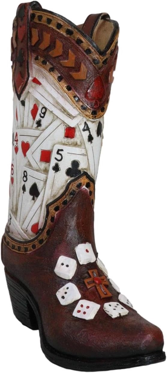Ebros Gift Rustic Country Western Gambler – Juego de cartas y dados de póker de casino de cuero sintético con herramientas de vaquero, florero o