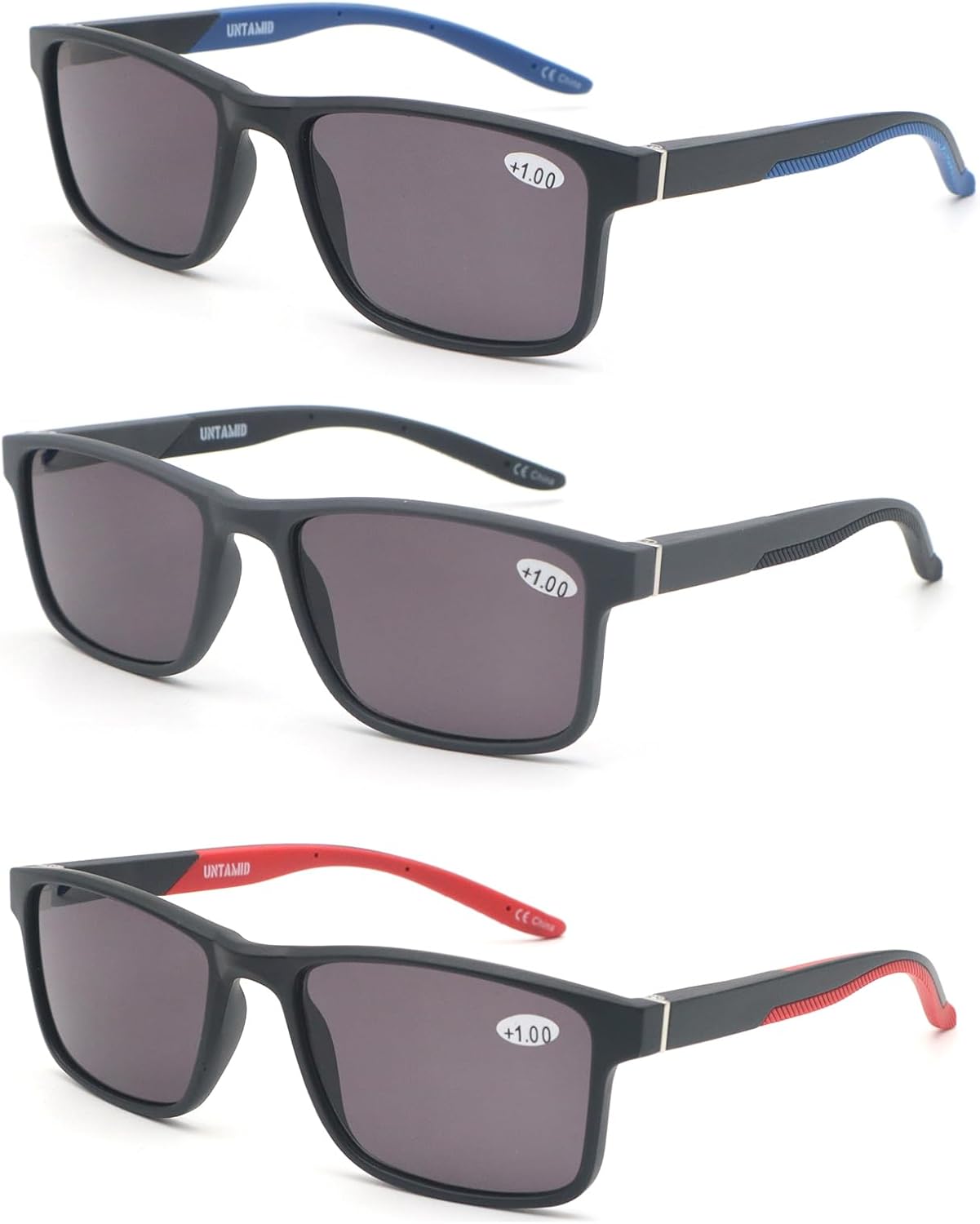 Paquete de 3 lentes de lectura, gafas de sol deportivas con marco cuadrado para lectura al aire libre para mujeres y hombres, +1.50, no bifocales