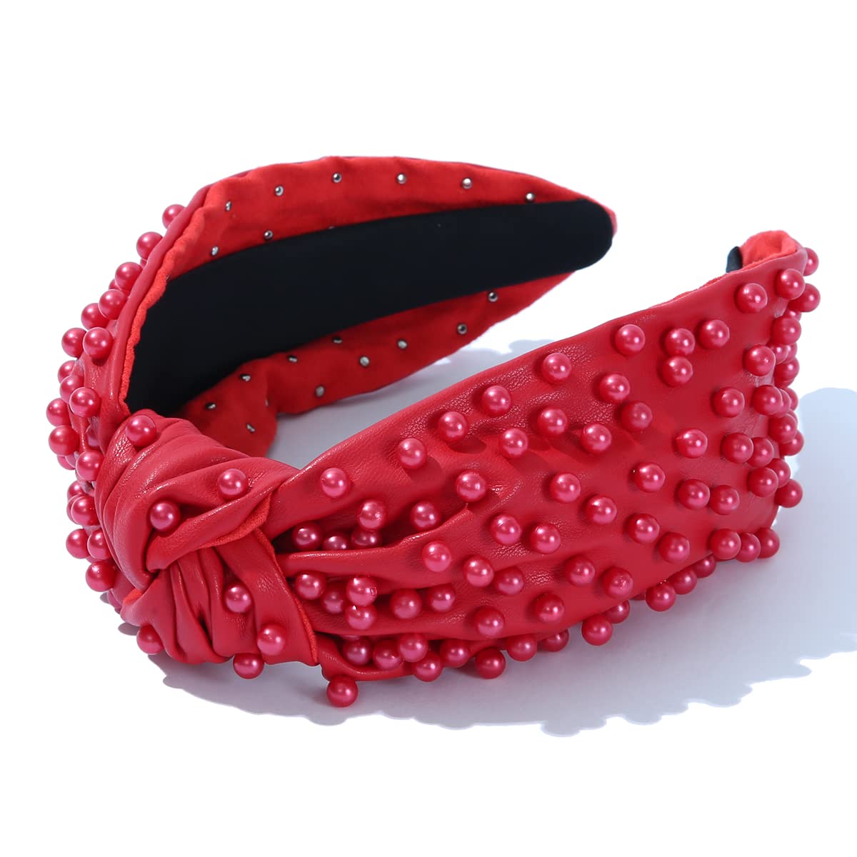 FEDANS Diadema con nudos nacarados para mujer, color rojo, de lujo, con cuentas de cuero, adornado, banda para el pelo elegante de moda