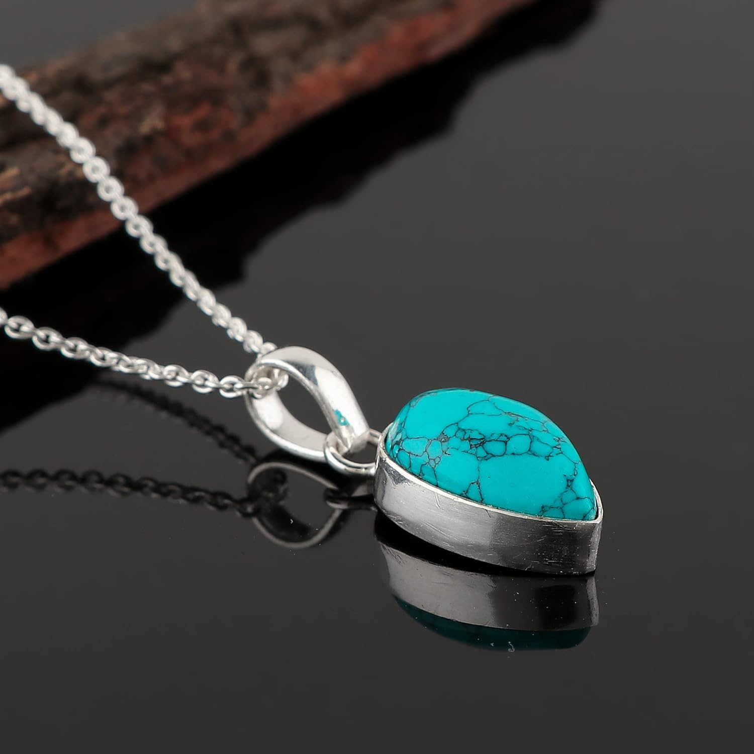 Turquoise Pear Pendant Necklace, Crystals Pendant, Energy Healing Crystals Birthstone Jewelry, 16 + 2 Inch Silver Plated Adjustable Chain