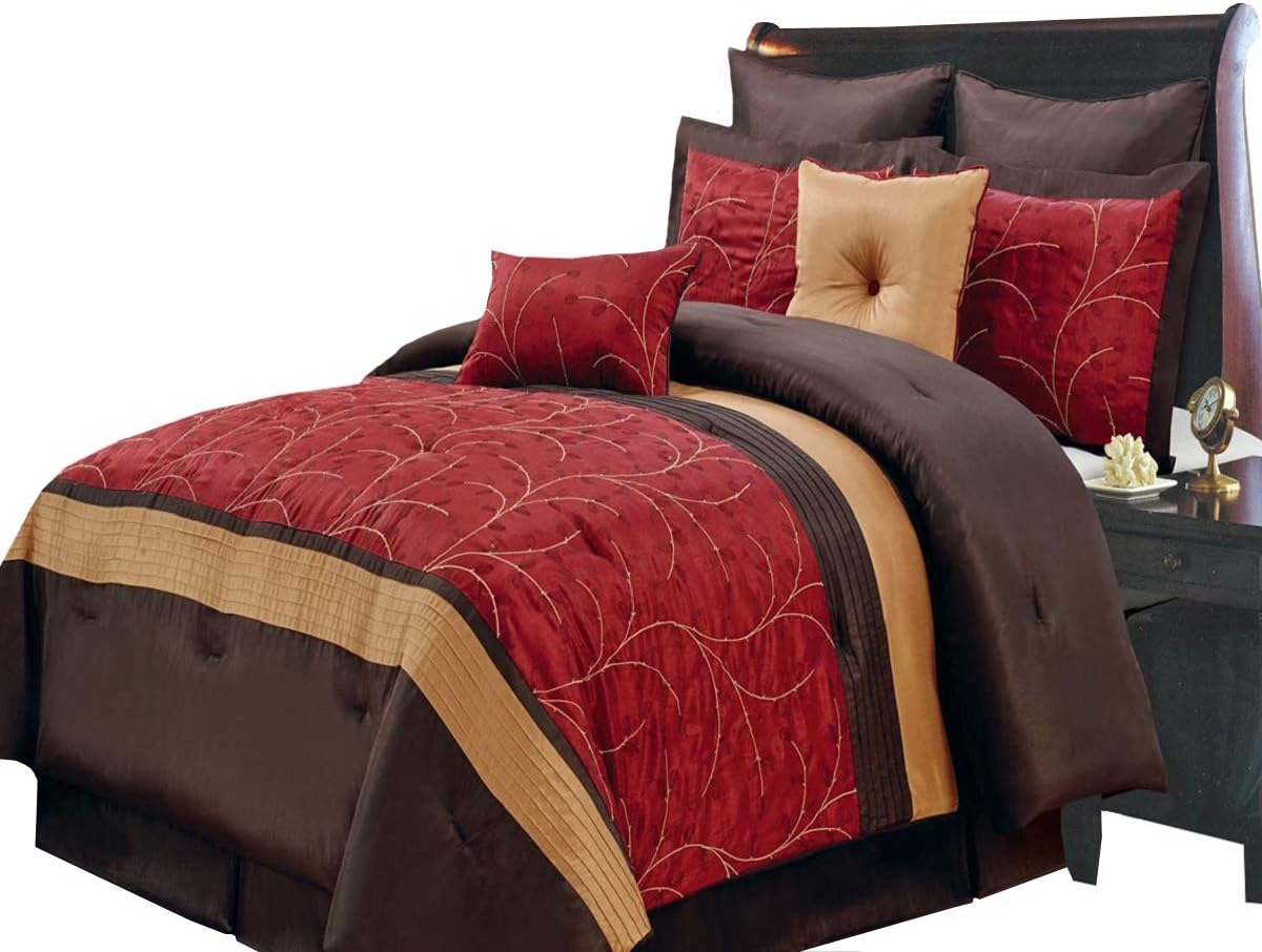 Royal Hotel Bedding Atlantis – Juego de edredón de lujo de 8 piezas tamaño California King, rojo, dorado y chocolate, incluye edredón, falda de