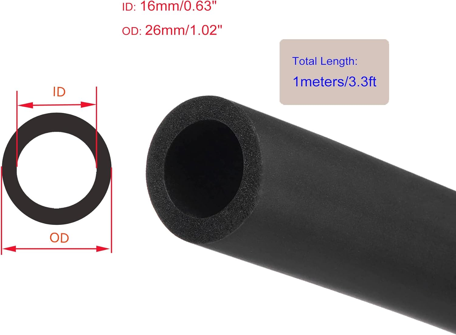 Tubo de espuma para soporte de agarre de mango, aislamiento de tubería de 0.63 pulgadas de diámetro interior, 0.63 pulgadas de diámetro exterior,