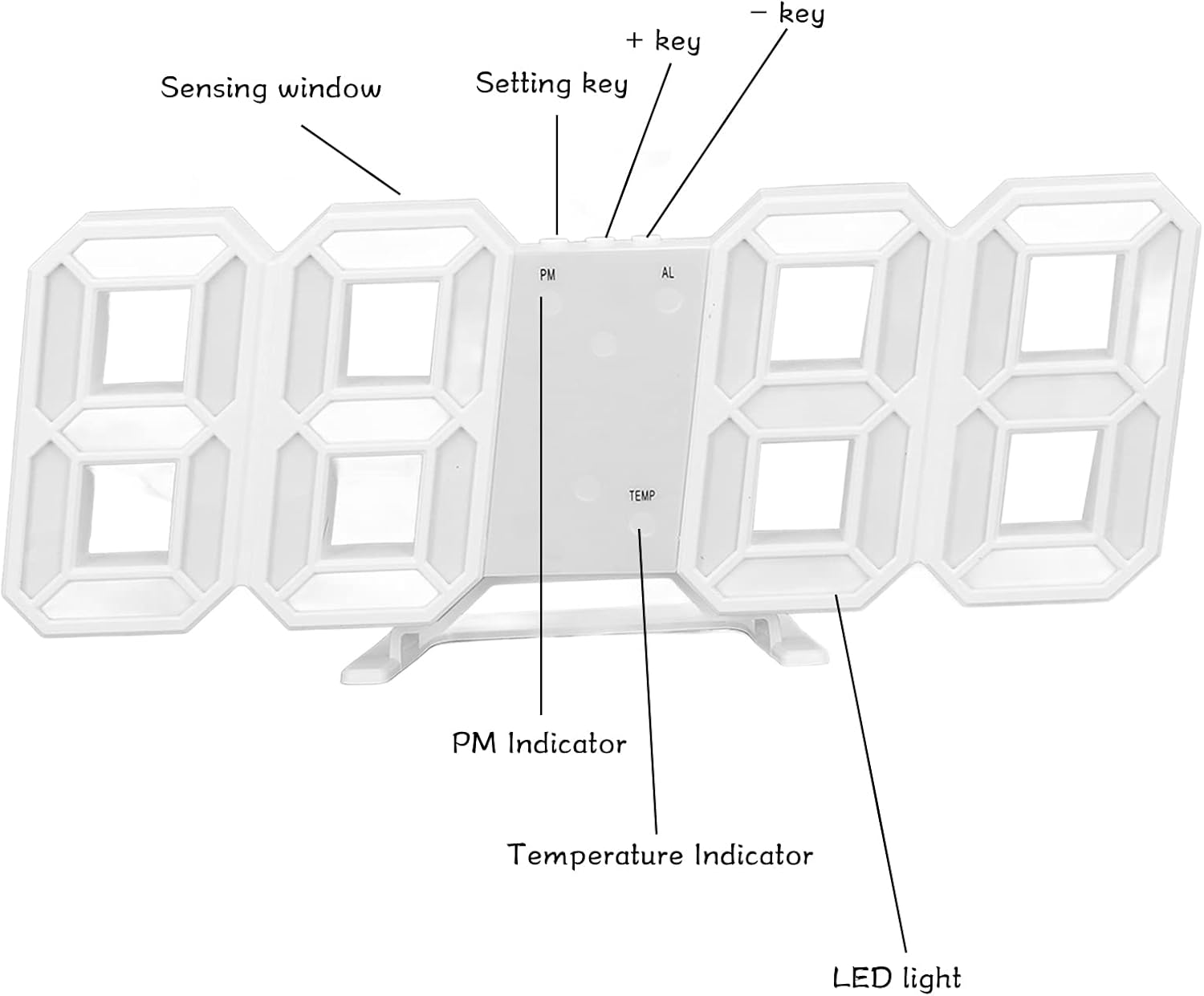 Mokernali Reloj de pared LED 3D, reloj de pared minimalista con marco blanco, reloj despertador digital, con temporizador y temperatura, 9.1 x 3.7