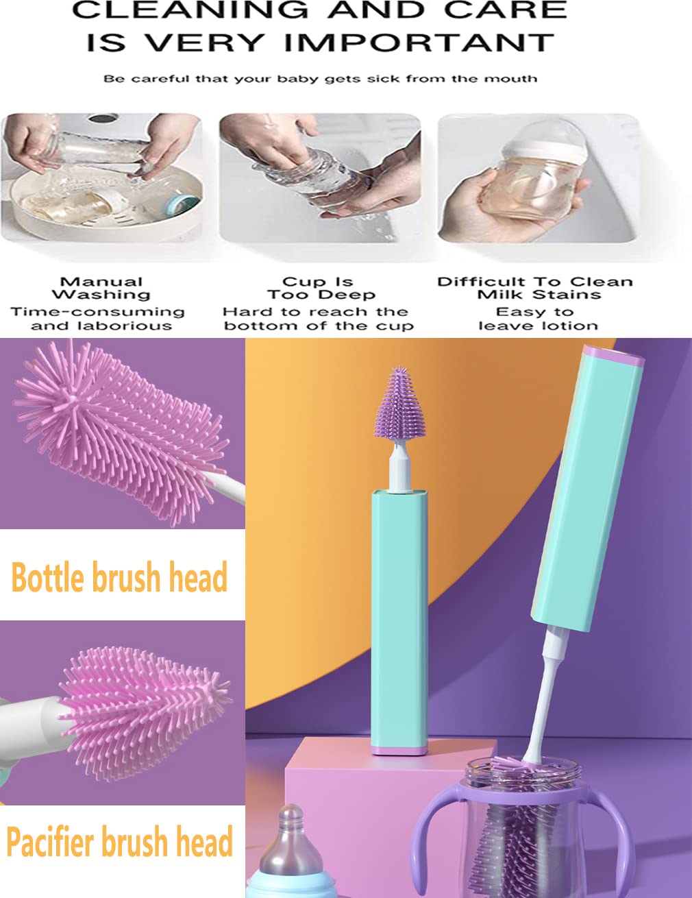 JIETU Juego de cepillos eléctricos de silicona para biberones para limpieza, limpiador de botellas recargables, juego de herramientas de limpieza