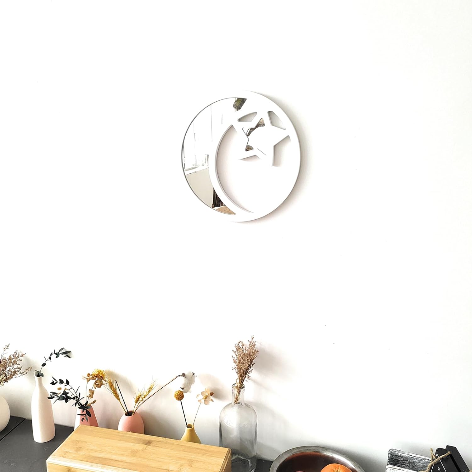 Espejo de fase lunar y sol, decoración natural escandinava, espejo decorativo de pared, decoración del hogar, espejo de luna de cristal real bohemio