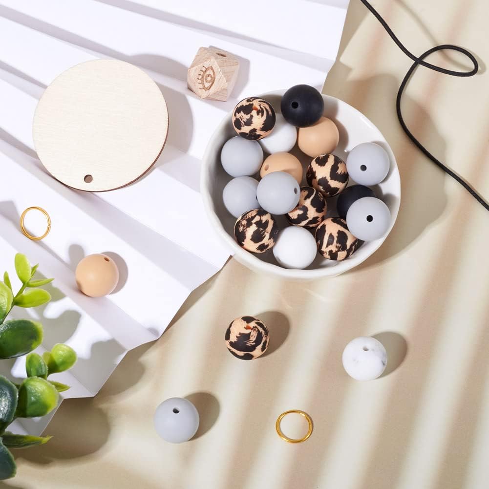 Kit de fabricación de pulseras de silicona, 64 cuentas redondas de silicona con 4 cuentas de madera octágonas con patrón de ojos, 4 colgantes de