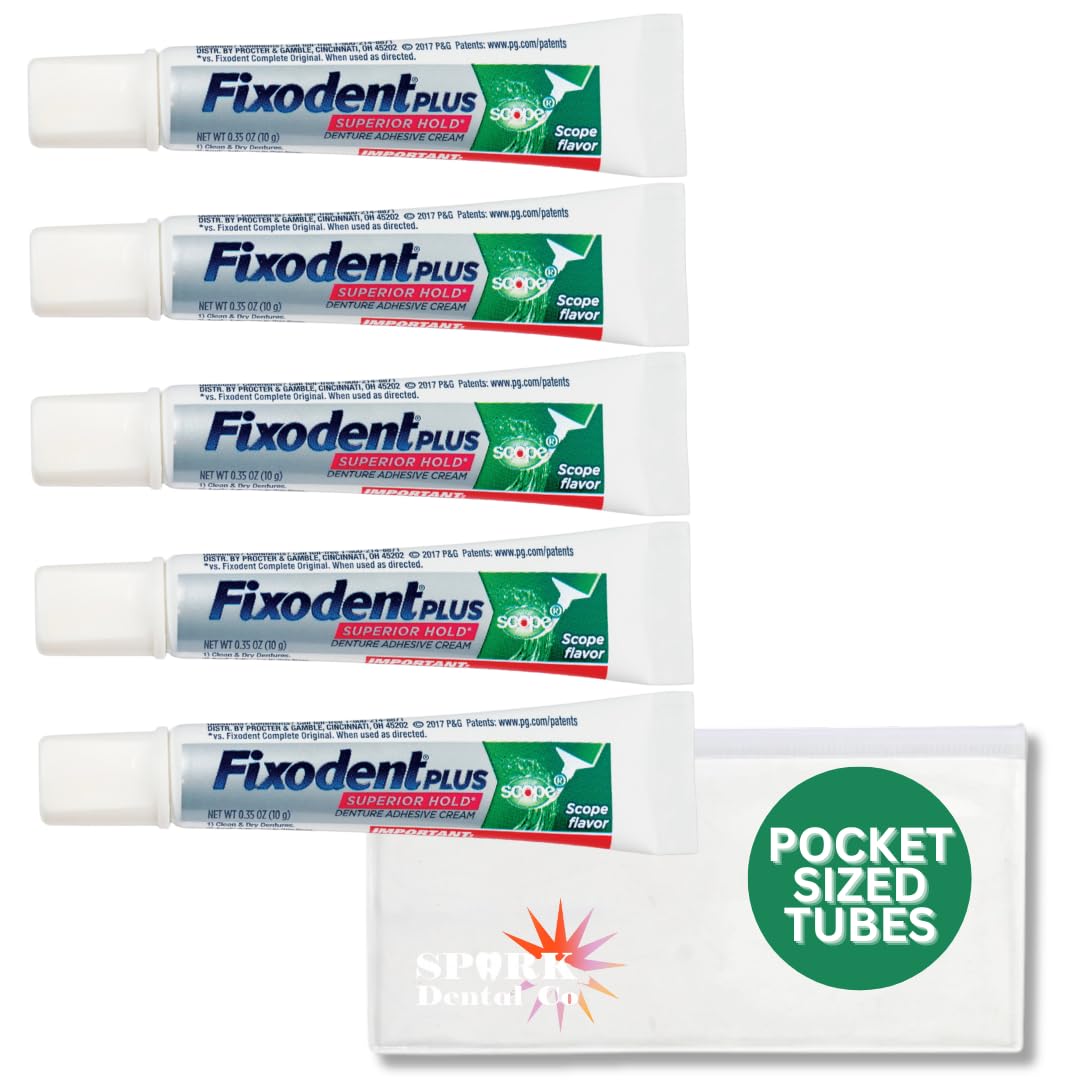 Fixodent Plus Superior Hold Denture – Crema adhesiva para dentaduras postizas de 0.35 oz, tubos de tamaño de viaje, aprobado por la TSA, adhesivo