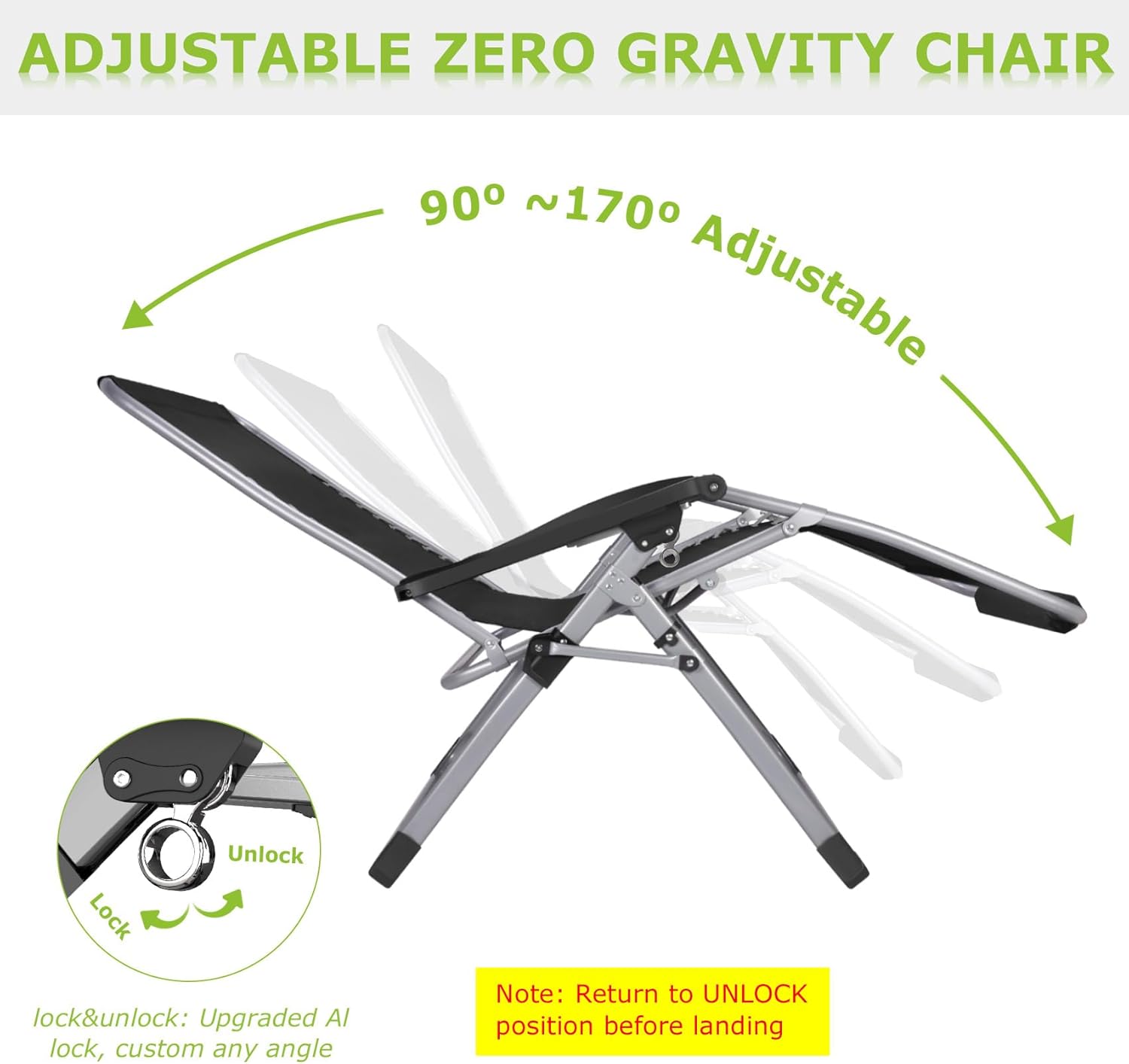 Suteck Silla de gravedad cero de gran tamaño de 33 pulgadas XXL con cojín extraíble, sillas de salón para exteriores, sillón reclinable con soporte