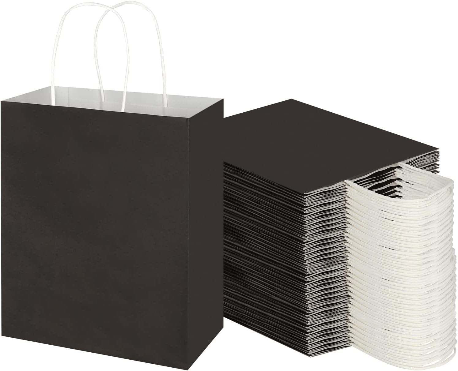 Paquete de 100 bolsas de papel kraft negras medianas de 8 x 4.75 x 10 pulgadas con asas a granel, bolsas de papel de estraza de Toovip para regalo,