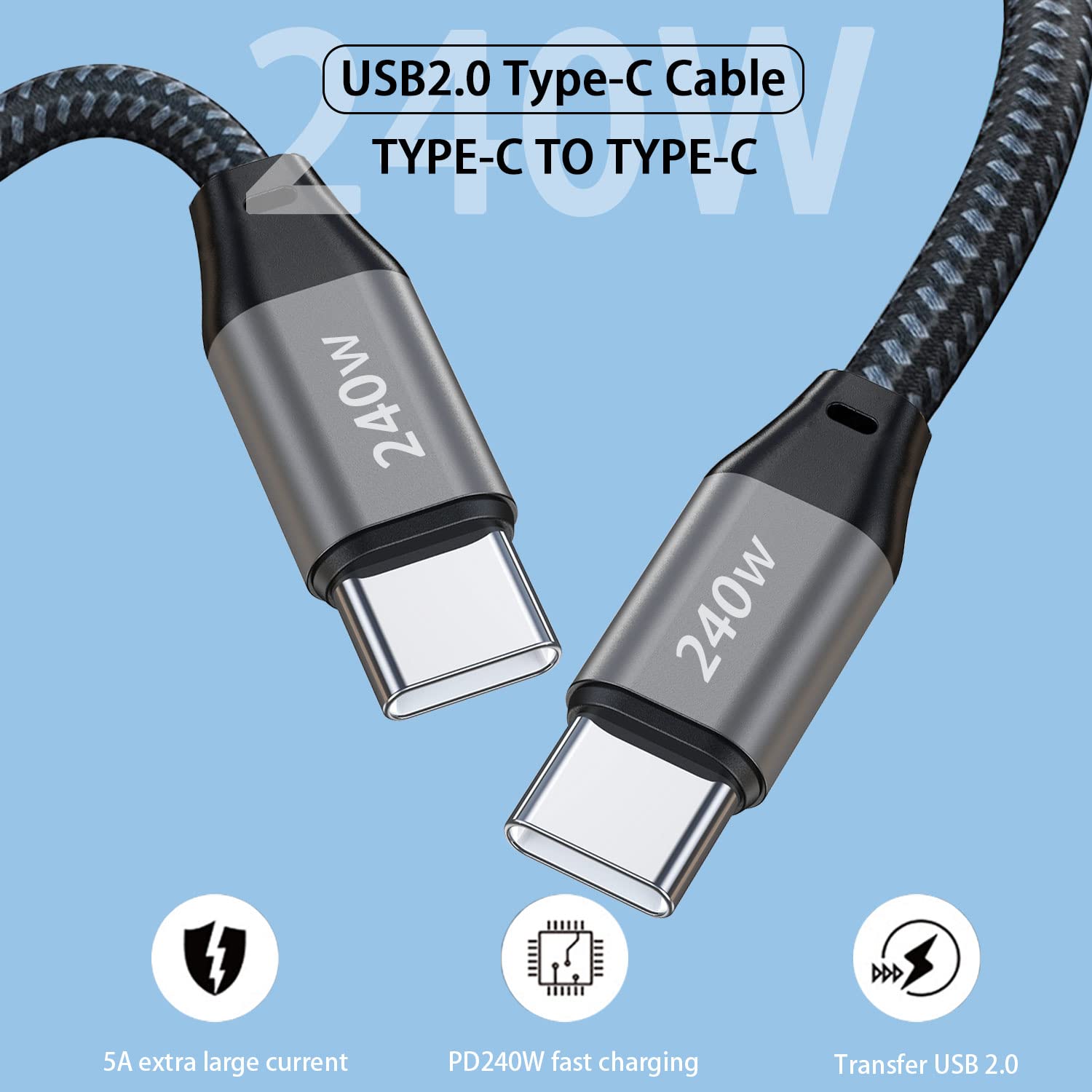 Cable USB-C a USB-C de 20 pies de 240 W, cargador tipo C a tipo C, cable de carga rápida MacBook compatible con MacBook Pro, iPad Air Mini 6,