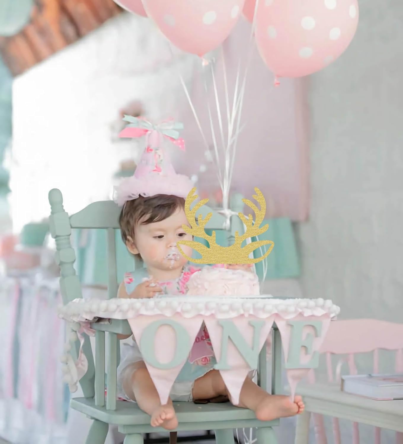 Decoración de cornamenta de ciervo  Decoración de pastel de ciervo con purpurina dorada para fiesta de cumpleaños, para baby shower, fiesta de