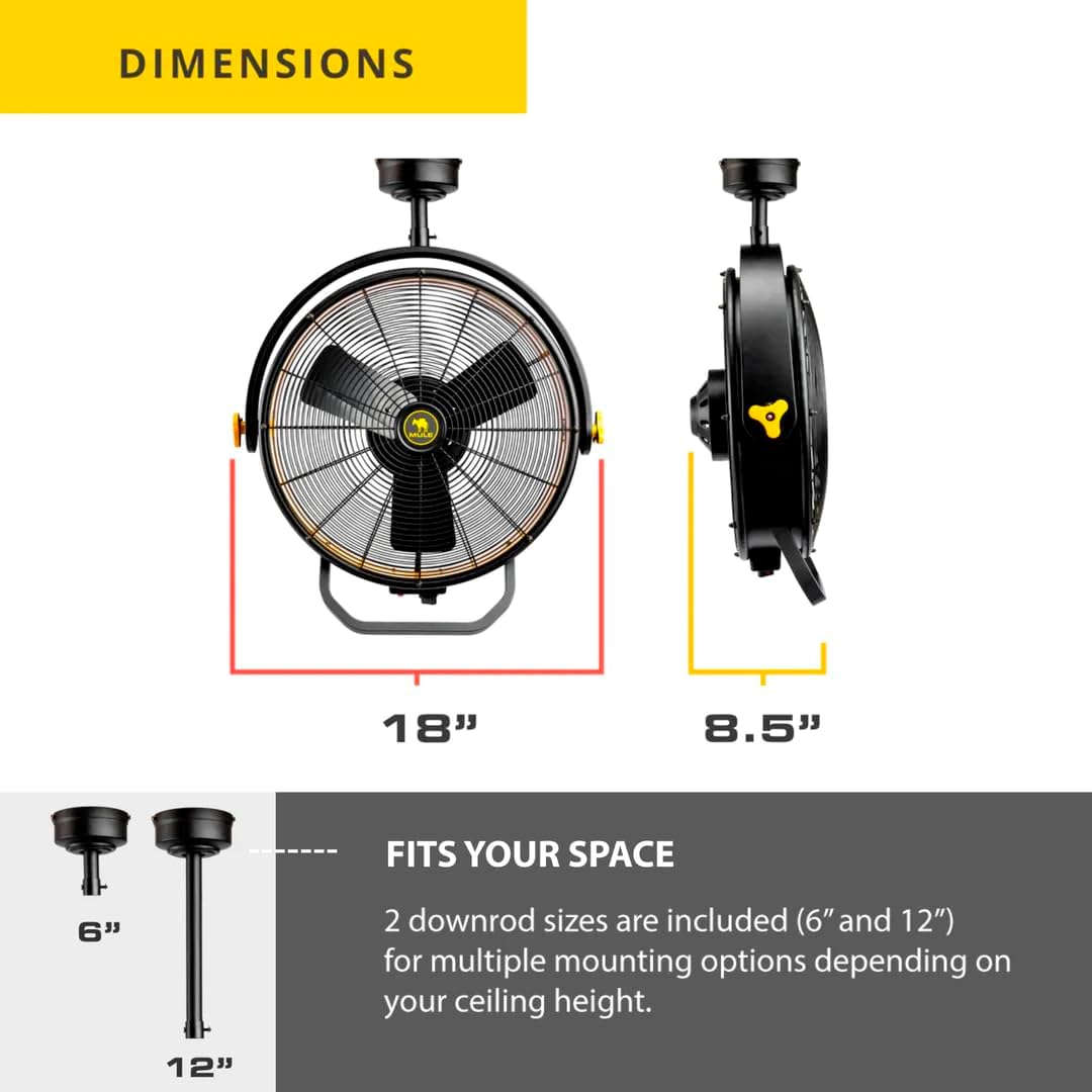 Mule 52007-45 Ventilador de garaje con cable enchufable montado en el techo de 18 pulgadas de 3 velocidades sin control remoto – negroamarillo