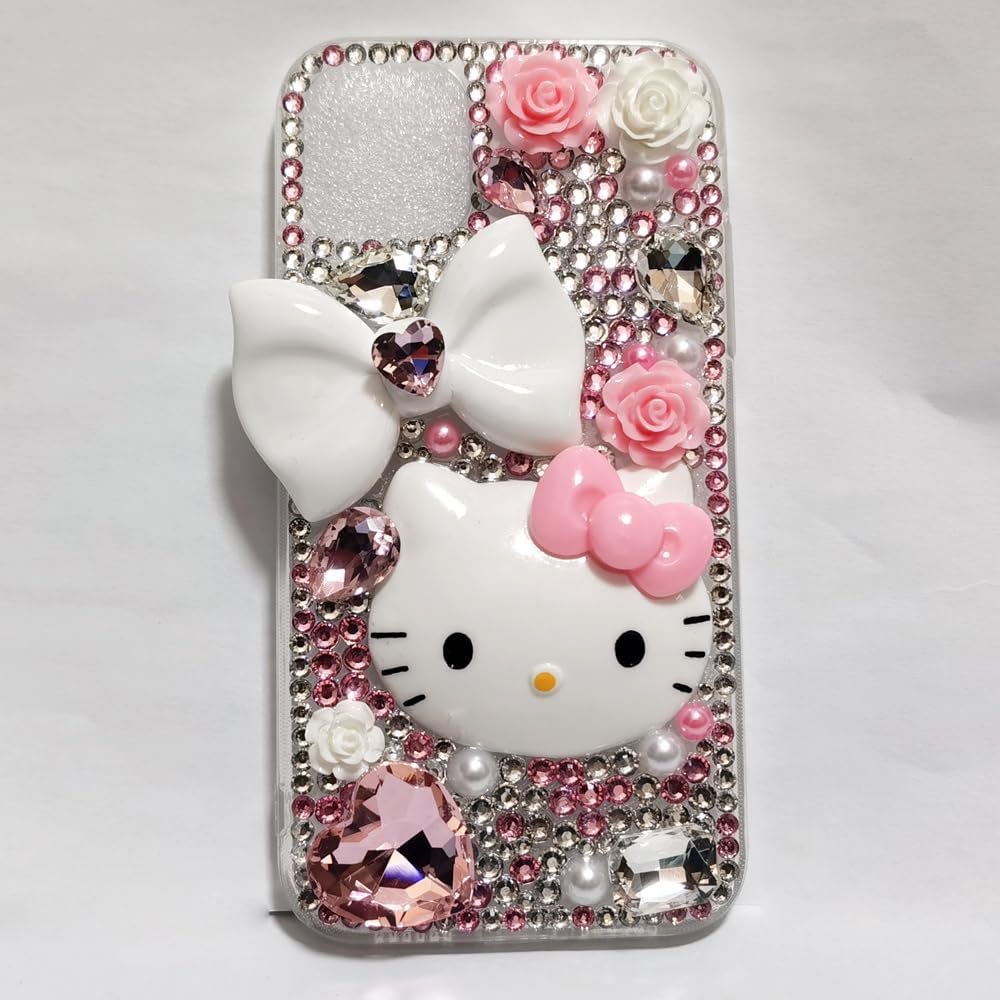 Victor – Funda de silicona para iPhone 14, 13, 12, 11 KT, con diseño de gato, diseño de gato con diamantes de imitación en 3D, hecha a mano (iPhone