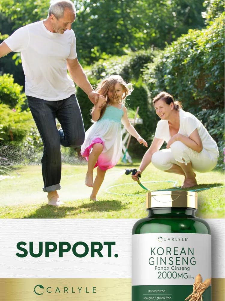 Carlyle Cápsulas de extracto de ginseng coreano de 2000 mg  200 cápsulas  Fórmula sin OMG y sin gluten  Suplemento estandarizado de Panax Ginseng