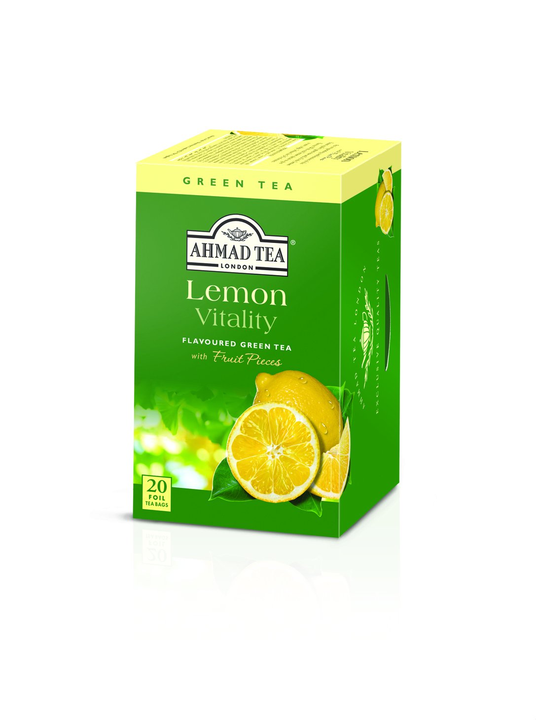 Té inglés, té verde limón” – Etiquetado y bolsas de té envueltas en papel de aluminio