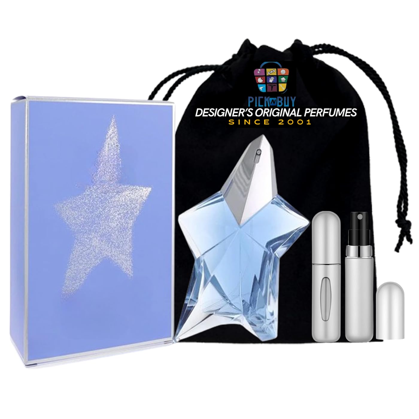 PICKN BUY Angel for Women  3.4 fl oz Original Eau De Parfum – Set de regalo en aerosol recargable con bolsa y atomizador de perfume de viaje vacío,