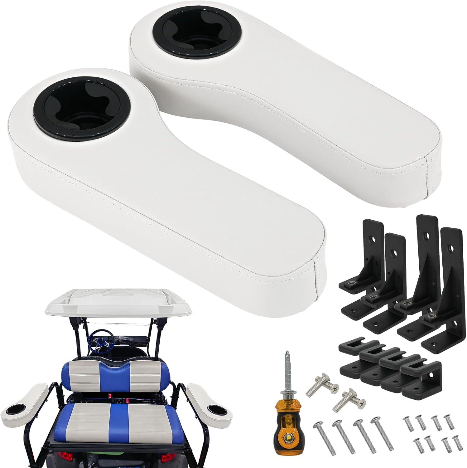 Reposabrazos de carrito de golf con portavasos para EZGO TXT Club Car DS Precedent y Yamaha Kit de asiento trasero, marco de soporte mejorado, sin