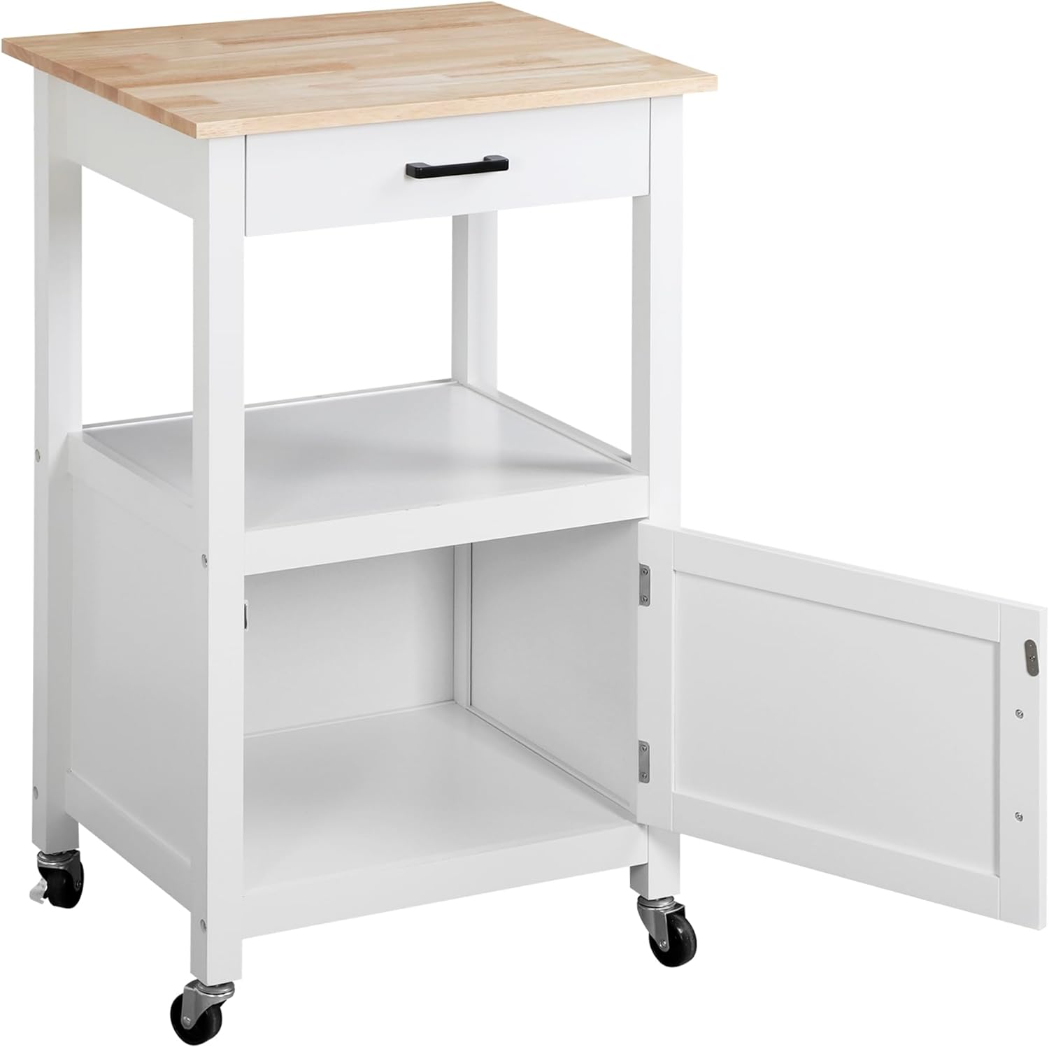 Isla de cocina con ruedas giratorias con cajón, armario de almacenamiento con 3 ganchos laterales para comedor, color blanco