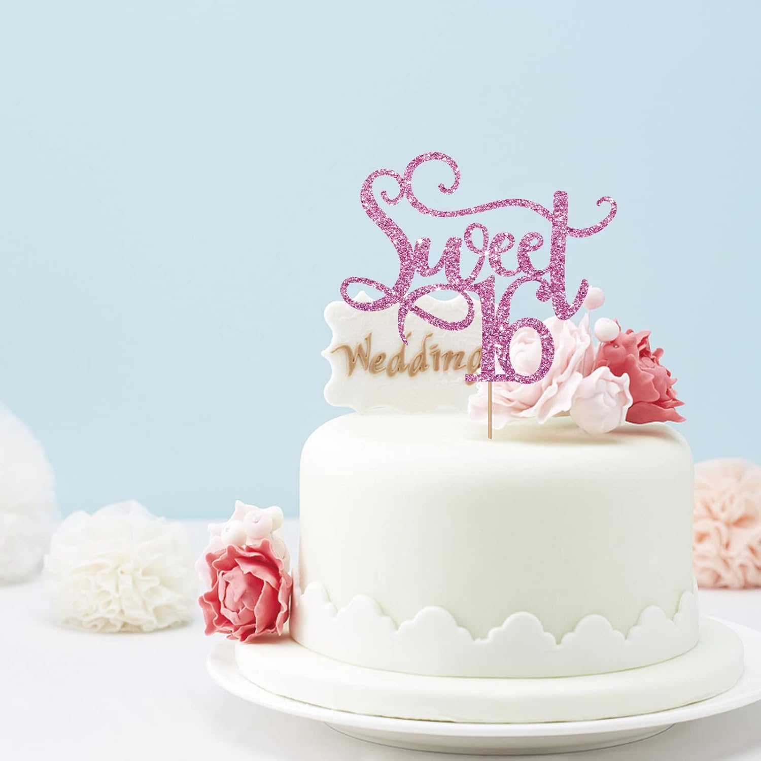 Decoración para tartas Pink Sweet 16, decoración para tarta de cumpleaños de 16 años con purpurina, decoración para tartas de 16 años de edad de