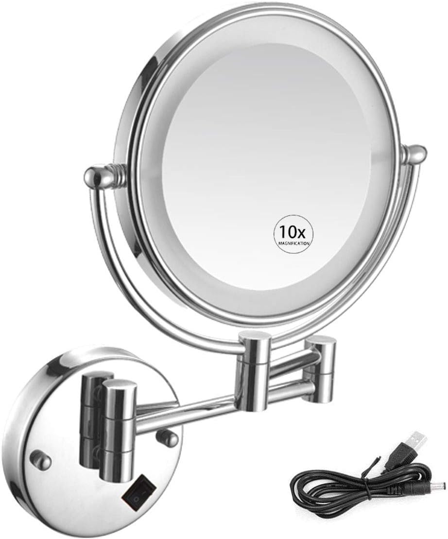 Wall Mounted Lighted Vanity Mirror 8 Inch 1X10X Magnifying Makeup Mirror Bathroom Magnifying Mirror Double Sided Swivel, Shaving Mirror Chrome