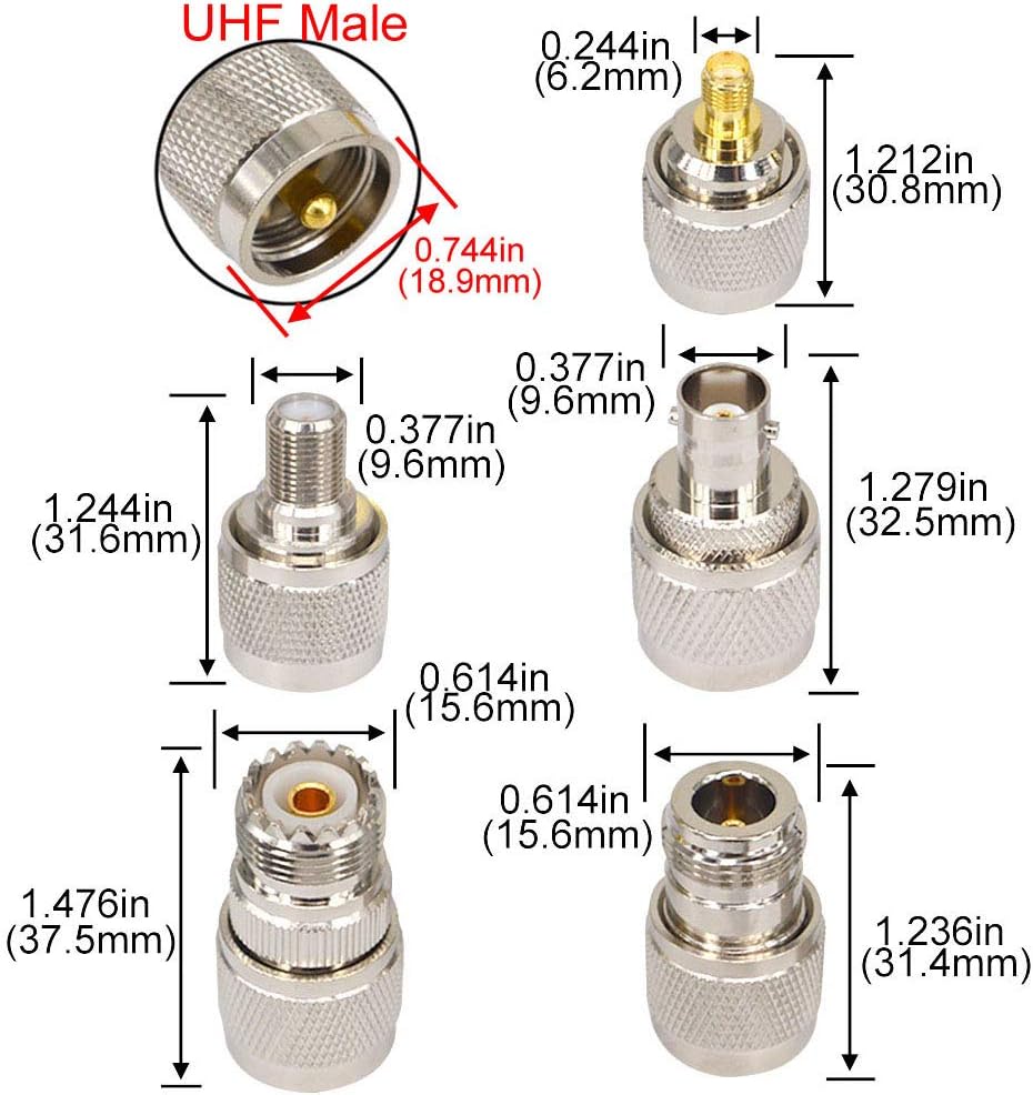 Boobrie Juego de conectores coaxiales de RF de 10 Uds. Kit de adaptador UHF macho UHF a FUHF a BNCUHF a NUHF a SMA Adaptador UHF Conector de cable