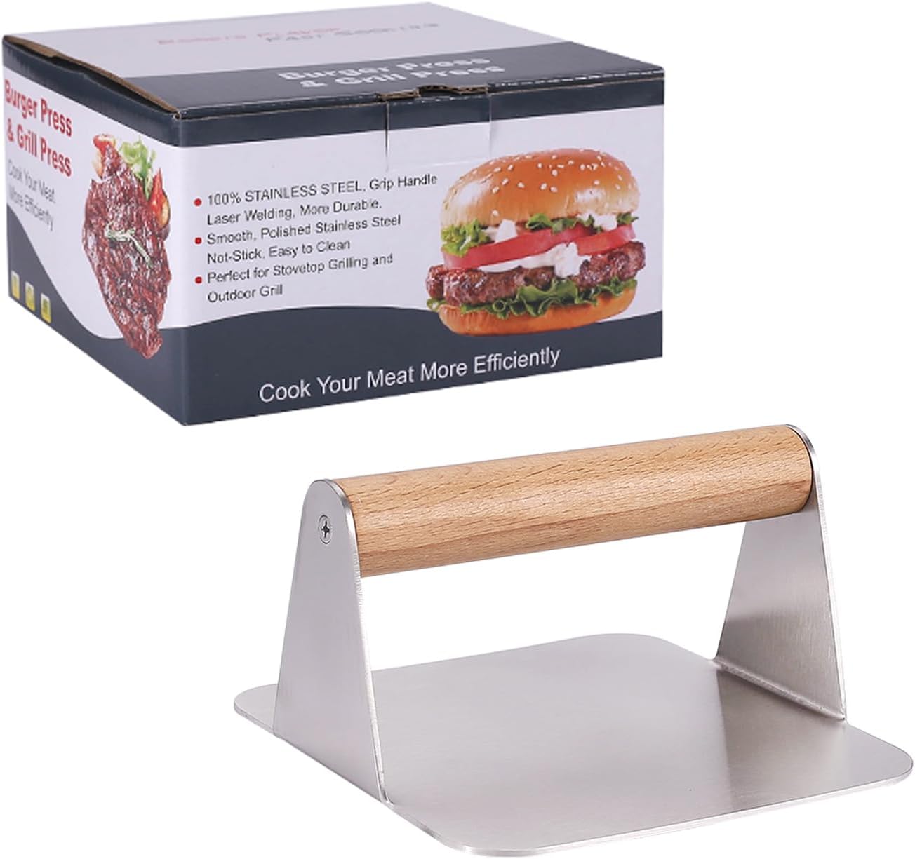 Yubng – Prensa de hamburguesas de acero inoxidable 304, prensa cuadrada de 5.5 pulgadas, prensa de hamburguesas de grado alimenticio con mango de