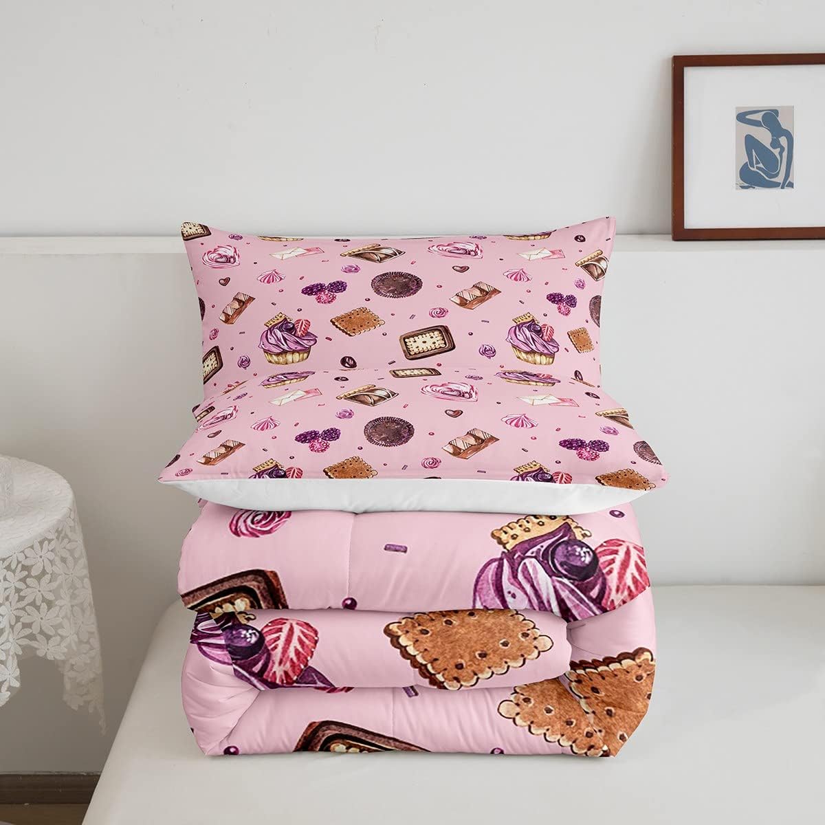 Juego de edredón de postre para niñas, tamaño Queen, juego de ropa de cama gourmet de pastel de galletas, 3 piezas para adolescentes, niños y