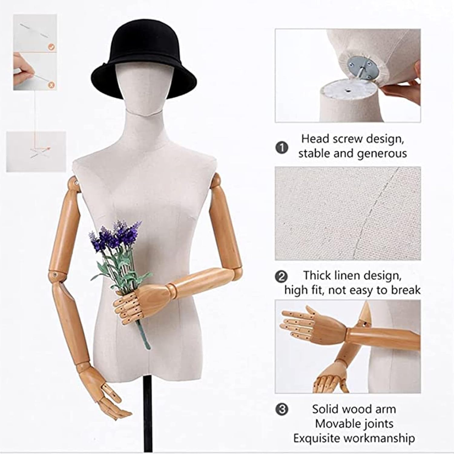 Vestido de maniquí femenino con forma de torso, cuerpo de maniquí de exhibición con cabeza desmontable, manos de madera y soporte de altura