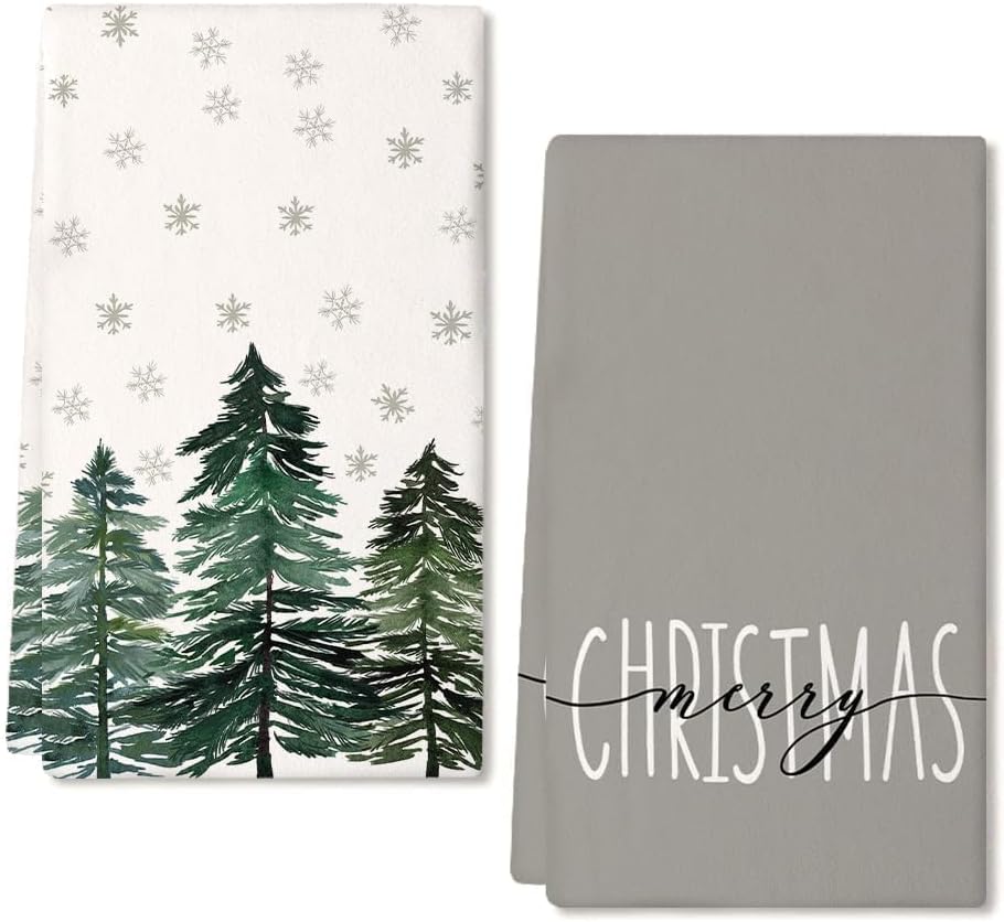 ARKENY AD016 – Juego de 2 paños de cocina para decoración de Navidad, color verde, árbol de Navidad, 18 x 26 pulgadas, diseño de copos de nieve,